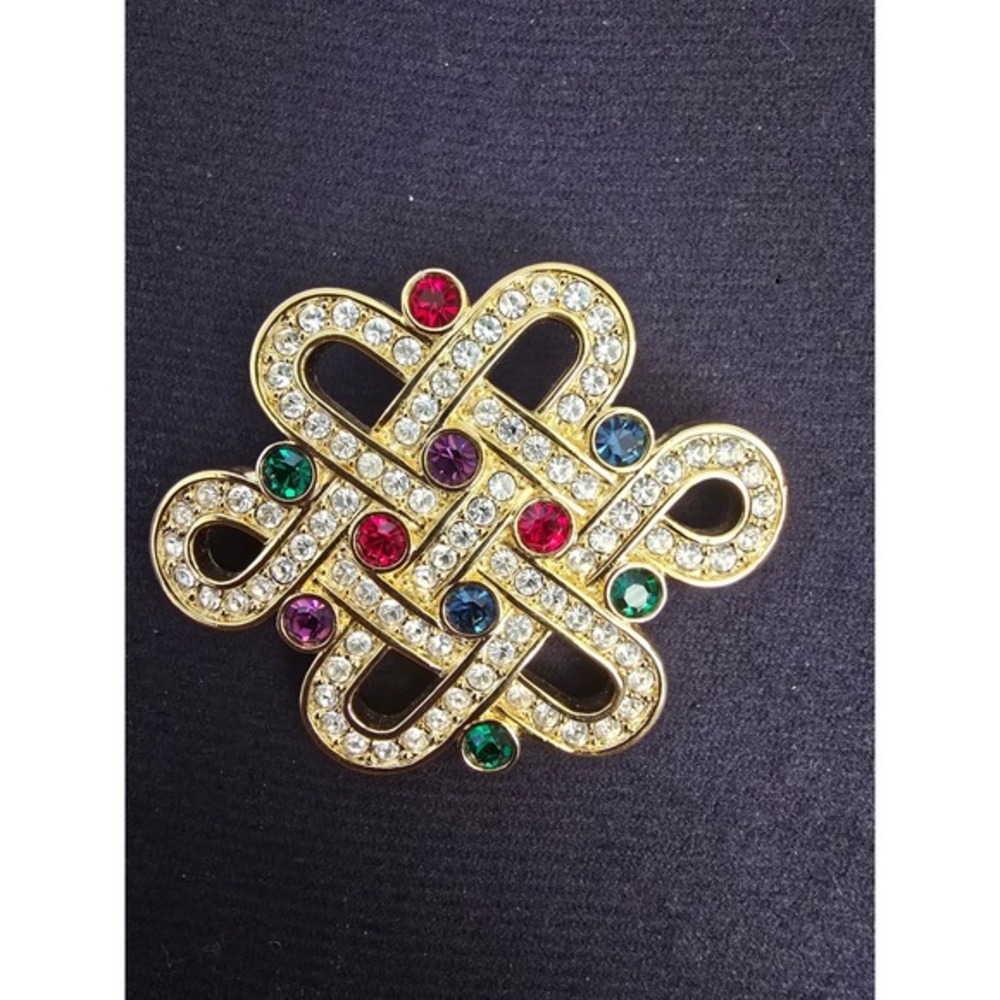 Swarovski‎ Gold Tone Multi Color Crystal Celtic Eternal Knot Brooch Pin Vintage